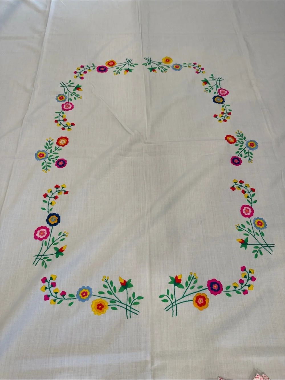 Vintage White Table Linen with Pink, Yellow, Blue & Green Floral Embroidery